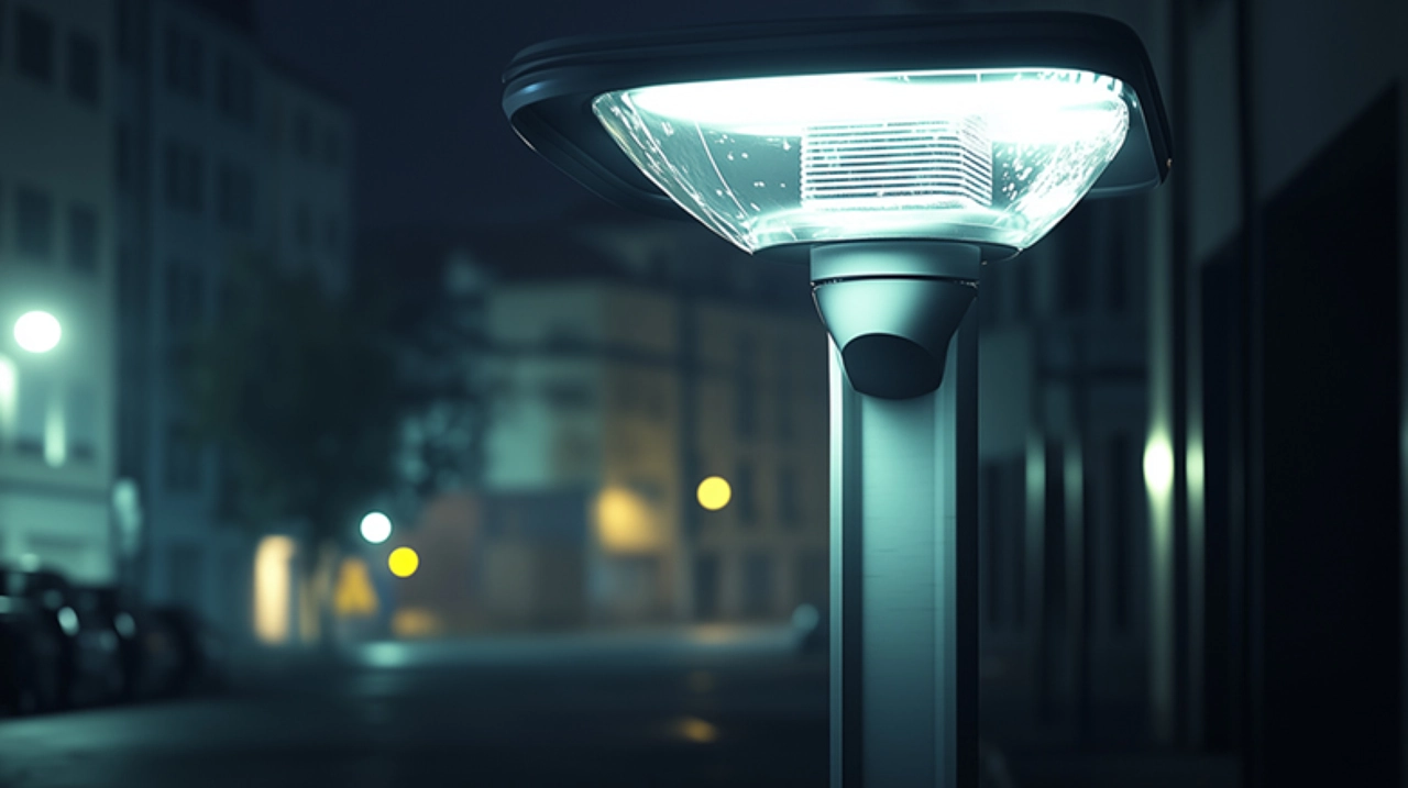 A plastic light cover on a streetlight.